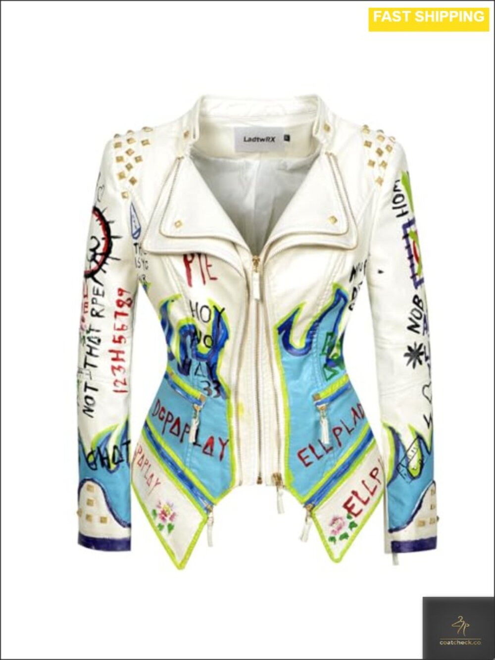 Faux Leather Hand Painted Graffiti Studded Jacket PU Coat